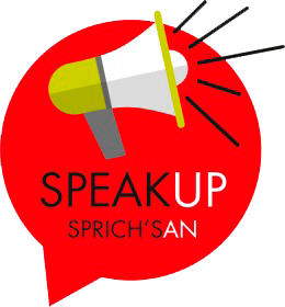 Grafik einer Sprechblase mit Megaphon und der Aufschrift speak up und sprich's an