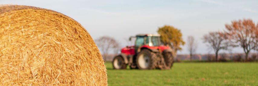 Strohballen auf Wiese mit Traktor im Hintergrund
