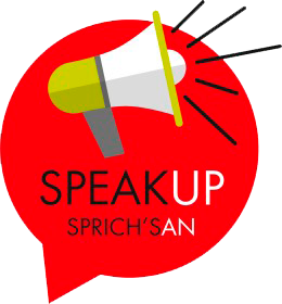Grafik einer Sprechblase mit Megaphon und der Aufschrift speak up und sprich's an